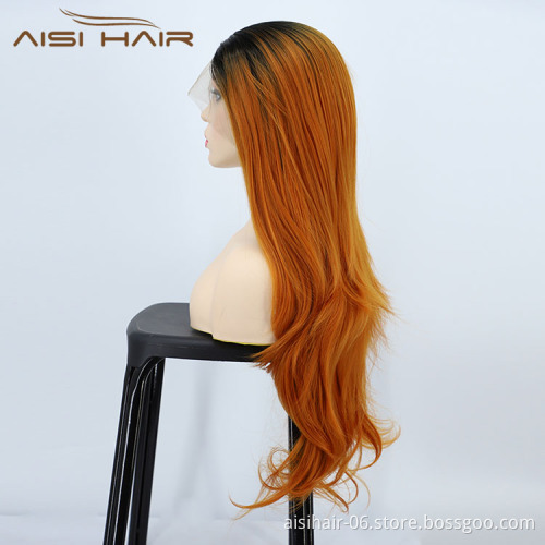 Aisi Hair High Quality 28 Inch Body Wave Curly Long Wavy Ombre Orange Lace Frontal Synthetic Hair For Black Women Lace Front Wig